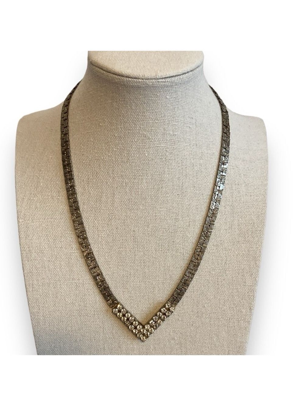 Vintage Rhinestone Necklace V Shape Silver Tone Metal